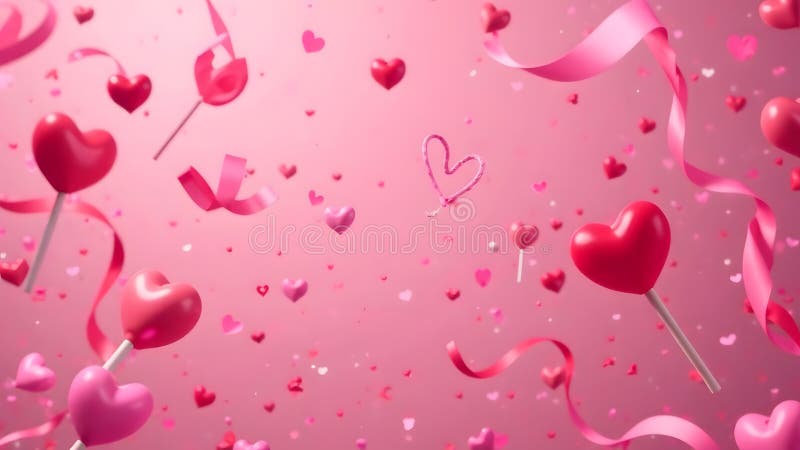 A playful image of colorful candy hearts, lollipops, and swirling ribbons floating against a soft pastel background stock photo