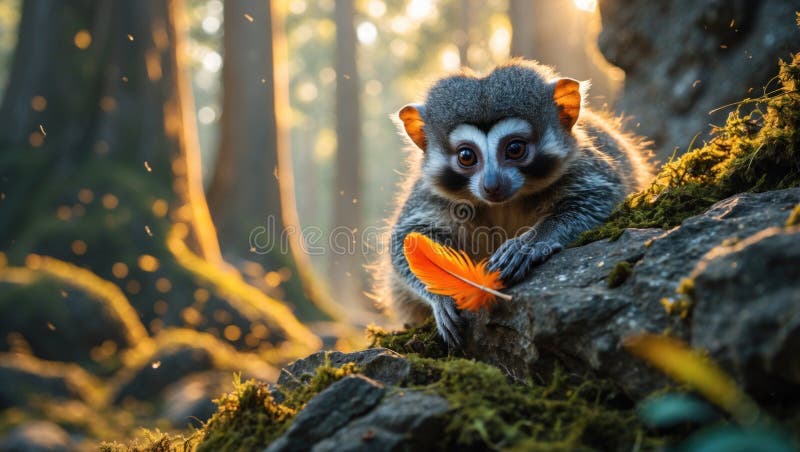 Adorable Baby Monkey with Orange Feather in Forest vector illustration