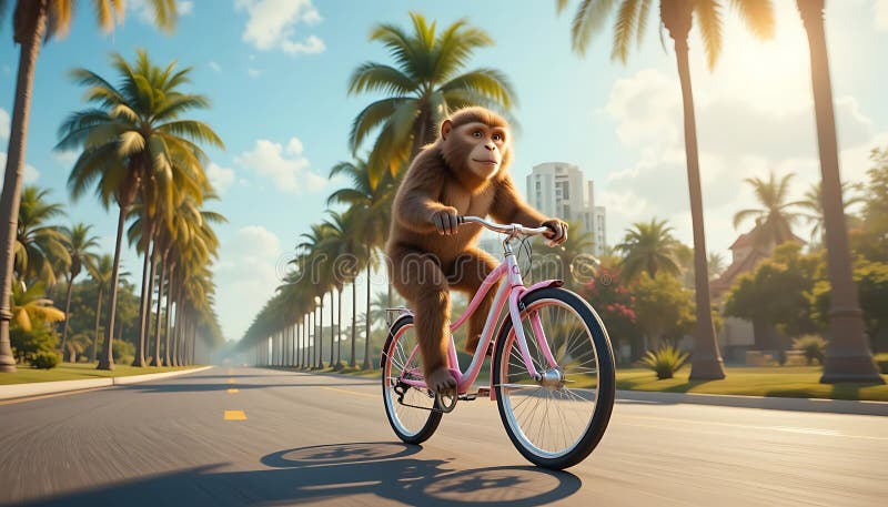 Playful monkey riding a bicycle in a tropical urban setting. generative ai stock image