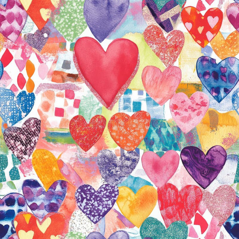 A playful patchwork of different heart textures, including watercolor, glitter, and fabric-style stock photos