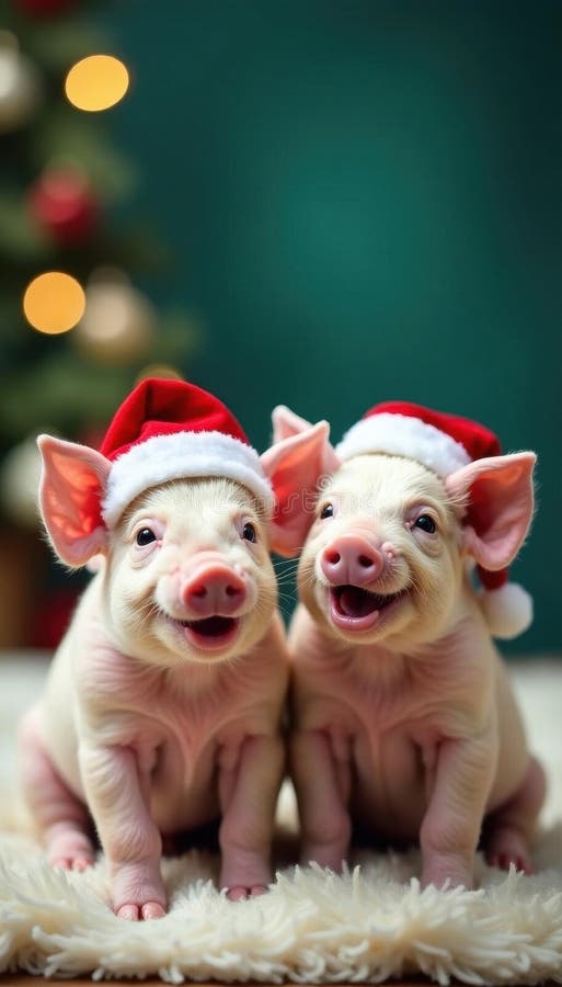 Playful piglets wearing Santa hats, joyful mood , trio, piglet royalty free illustration