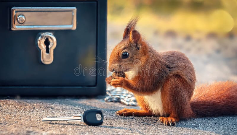 Vibrant Red Squirrel foraging amidst Autumn Leaves, Key and Lockbox Mystery Unfolds in a Forest Scene, Capturing the Whimsy of royalty free illustration