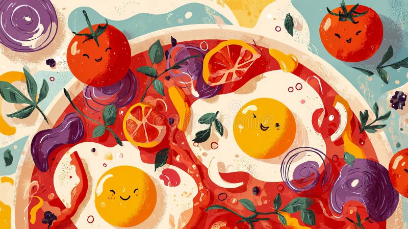 Playful Shakshuka Illustration mit Happy Faces. AI generiert. Diese farbenfrohe Abbildung zeigt spielerisch lächelnde Eigelb in einem whimsical shakshuka Gericht, umgeben von lebhaften Grünpflanzen und Zutaten.