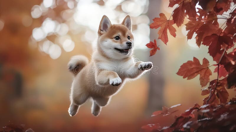 Playful shiba inu springen durch pulsierende Herbstblätter Blätter Wald Action erschossen whimsical fröhlichen Moment lizenzfreie abbildung