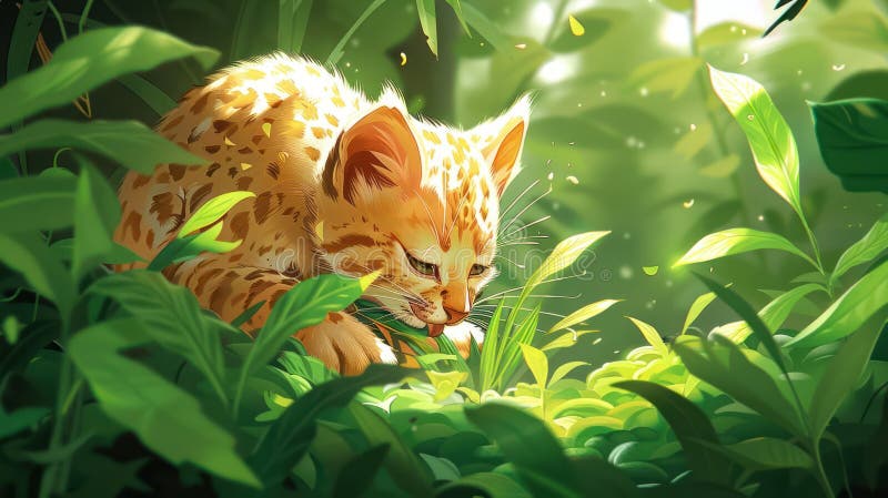 A playful wild cat stealthily navigating through lush green foliage ilustração stock