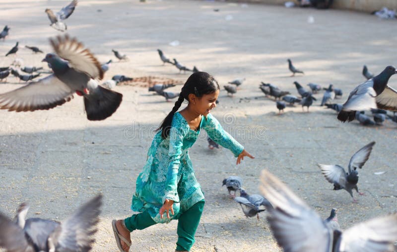 Playful young child with pigeons