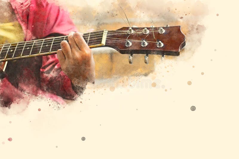 Playing acoustic Guitar in the foreground on Watercolor painting background and Digital illustration brush to art. Abstract beautiful playing acoustic Guitar in royalty free stock photos Playing acoustic Guitar in the foreground on Watercolor painting background and Digital illustration brush to art. Abstract beautiful playing acoustic Guitar in royalty free stock photos