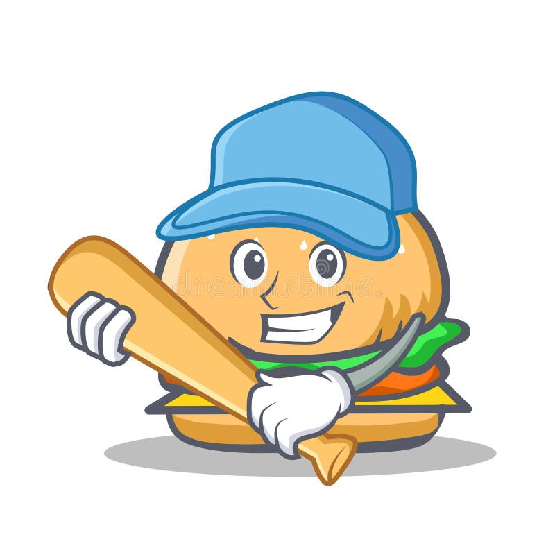 Playing Baseball Burger Character Fast Food Stock Vector Illustration