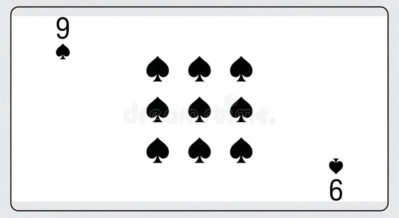 A playing card showing nine of spades with number nine and six in the corners of the card face stock illustration