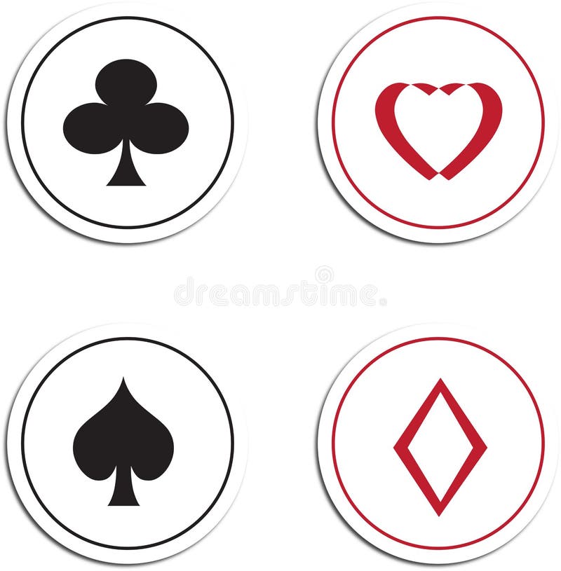 Playing card symbols or suits including clubs, hearts, spades and diamonds in round circles on a white background.