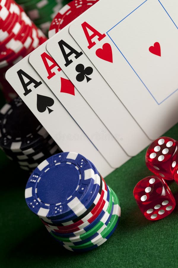 Playing Cards, Poker Chips, and Dices on Table Stock Image Image of