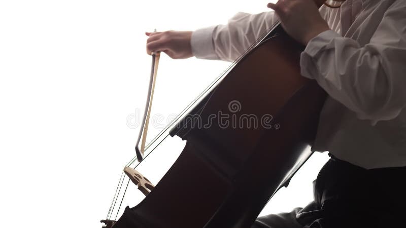 Playing cello side view double exposure. Elegant caucasian woman in white shirt gracefully play the cello with a bow stock video