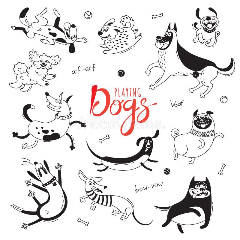 Playing dogs. Funny lap-dog, happy pug, mongrels and other breeds. Set of isolated vector drawings for design