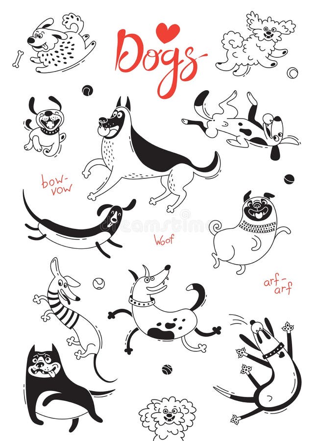 Playing dogs. Funny lap-dog, happy pug, mongrels and other breeds. Set of isolated vector drawings for design