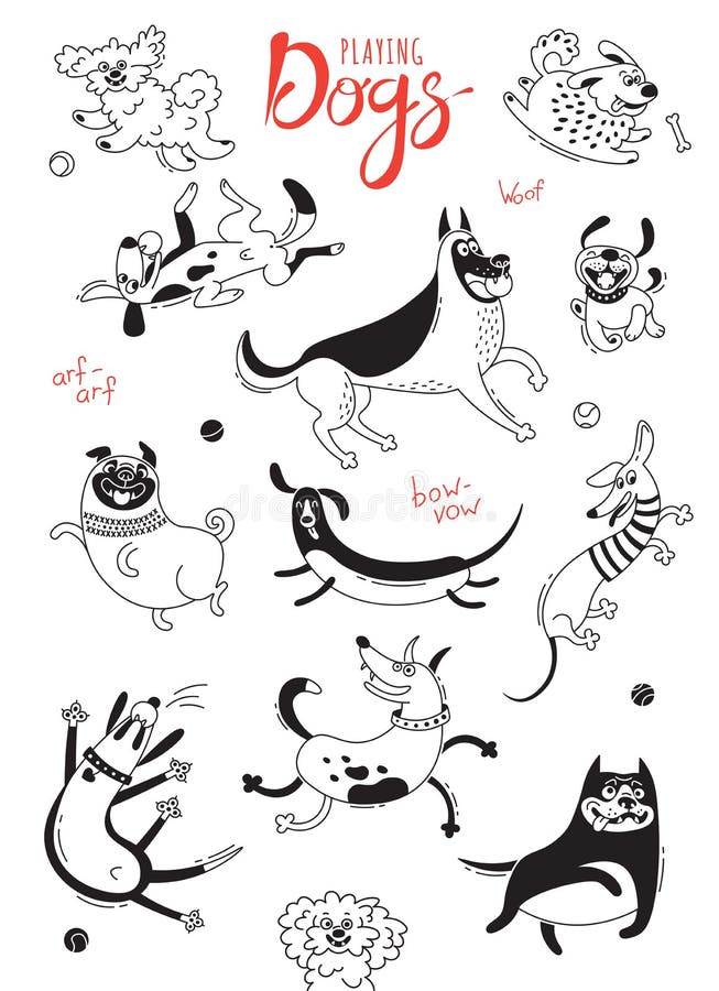 Playing dogs. Funny lap-dog, happy pug, mongrels and other breeds. Set of isolated vector drawings for design