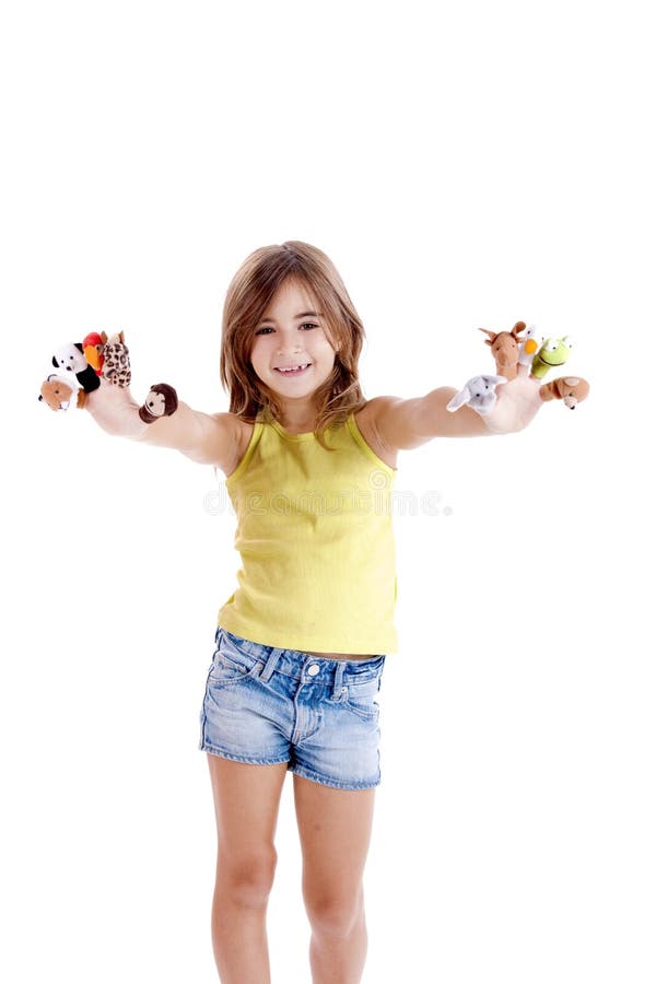 Cute and happy girl playing with finger puppets. Little marionette stock images, royalty-free photos and pictures