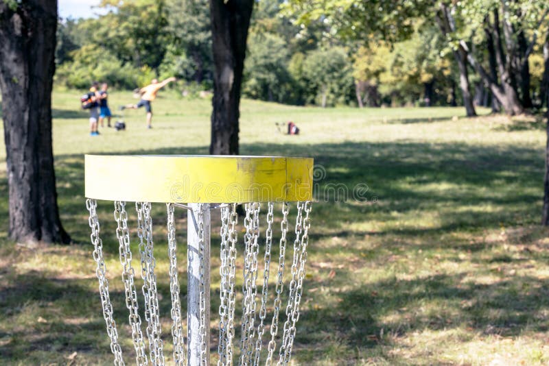 Playing Flying Disc Golf Sport Game in the Park, Target Basket in Focus
