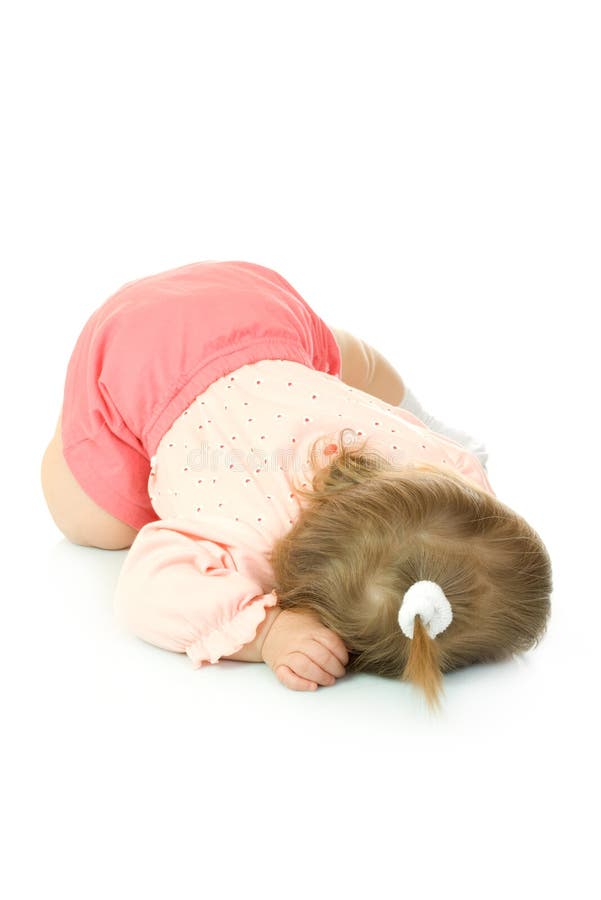 Playing small girl in red dress isolated