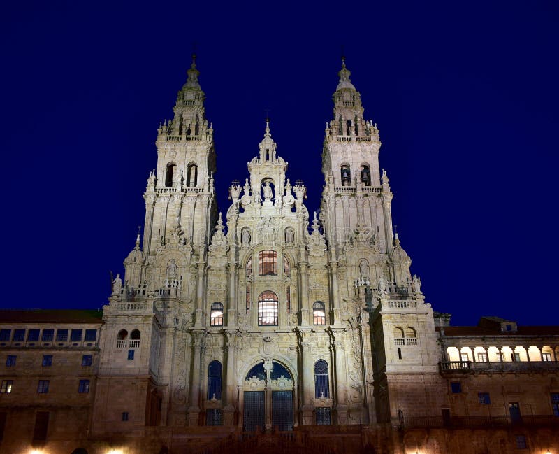 Cathedral, Santiago De Compostela, Spain. Night. Stock Image - Image of ...