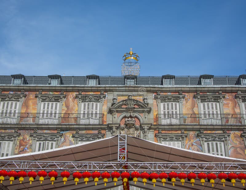 Plaza Mayor Of Madrid With Tents For Chinese New Year Event Stock Image Image Of Blackboard Advertising