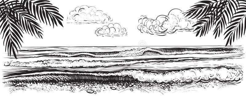plażowy panoramiczny widok Wektorowa ilustracja oceanu lub morza fala ręka patroszona
