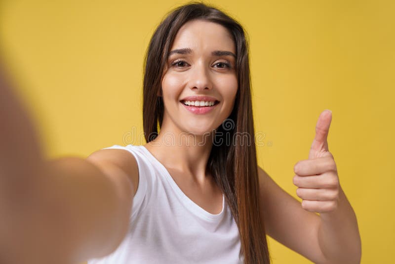 Pleasant Attractive Girl Making Selfie in Studio and Laughing. Good ...