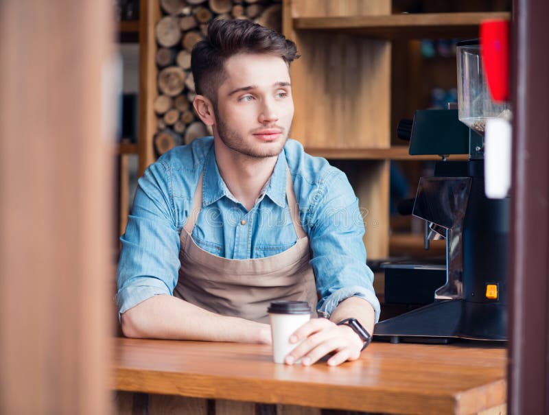 Pleasant Barista Drinking Coffee Stock Photo Image of atmosphere, daytime 70768614