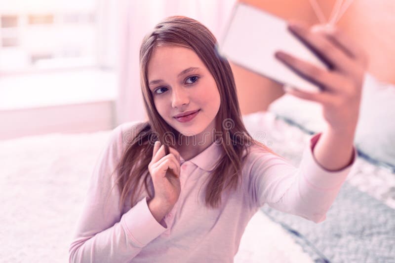 Pleasant Young Girl Posing for Good Selfie Stock Image - Image of real ...