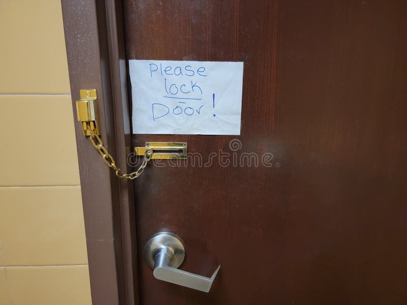 Please Lock Door Note on Bathroom Door with Chain Stock Photo Image