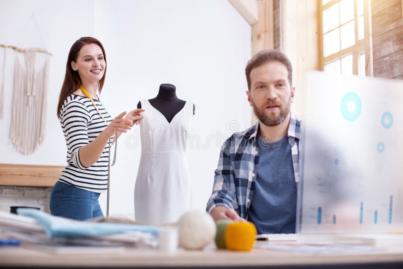 Pleased Couple Tailors Fixing Ideas Stock Image - Image of creativity ...