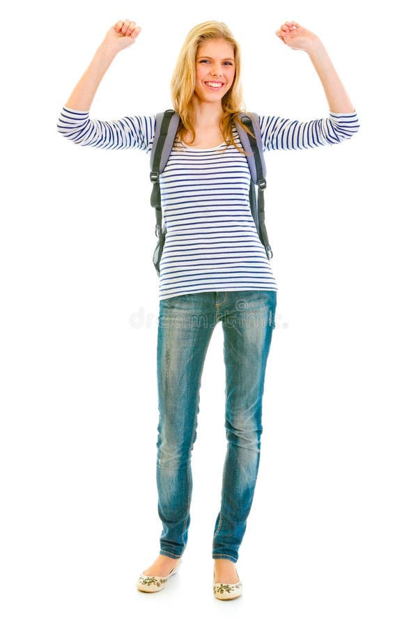 Pleased teengirl with schoolbag enjoying success stock photo Pleased teengirl with schoolbag enjoying success stock photo