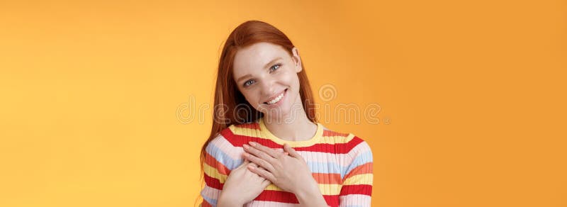 Pleased Tender Feminine Good Looking Redhead Woman Receive Compliment Confession Touch Heart 