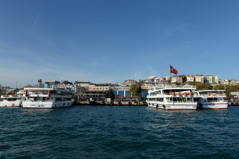 Pleasure boats at the Bahceşehir University Pier in the Bosphorus. Istanbul royalty free stock photos Pleasure boats at the Bahceşehir University Pier in the Bosphorus. Istanbul royalty free stock photos