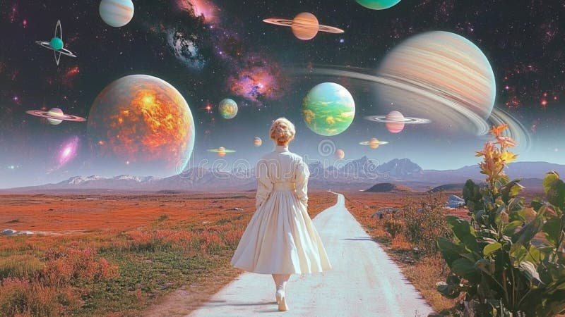 Pleiadian Royal Queen in a futuristic Space Suit Outfit on a Cosmic Extraterrestrial Planet in a Highdimensional Universe Plane vektor illustrationer