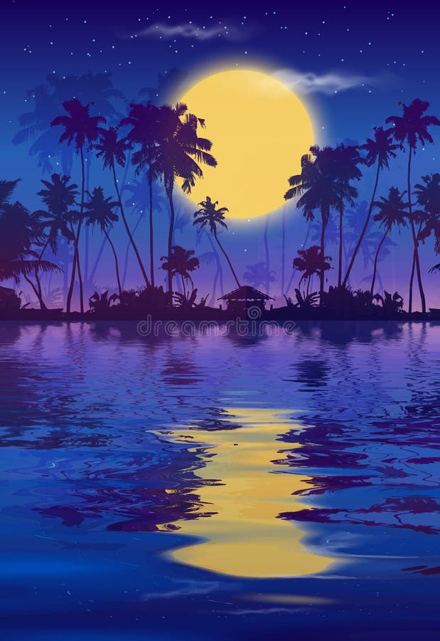 Pleine lune jaune dans le ciel bleu foncé, avec silhouettes des palmiers noirs et réflexion d'eau Fête de Vector fullmoon illustration libre de droits Pleine lune jaune dans le ciel bleu foncé, avec silhouettes des palmiers noirs et réflexion d'eau Fête de Vector fullmoon illustration libre de droits