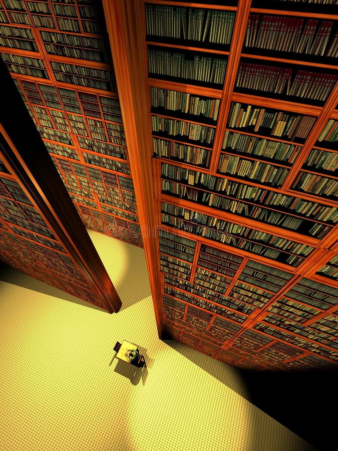 Gigantic library full of books. At its bottom, a man is reading, sat at a lonely table. Gigantic library full of books. At its bottom, a man is reading, sat at a lonely table.