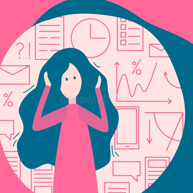 Pletora di informazioni all'ufficio, affare Donna e molto illustrazione vettoriale Pletora di informazioni all'ufficio, affare Donna e molto illustrazione vettoriale