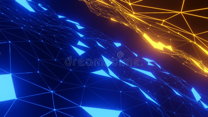 Plexo abstracto formas geométricas azul y naranja comunicación y tecnología conexión de fondo de red y concepto web 3d ilustración del vector