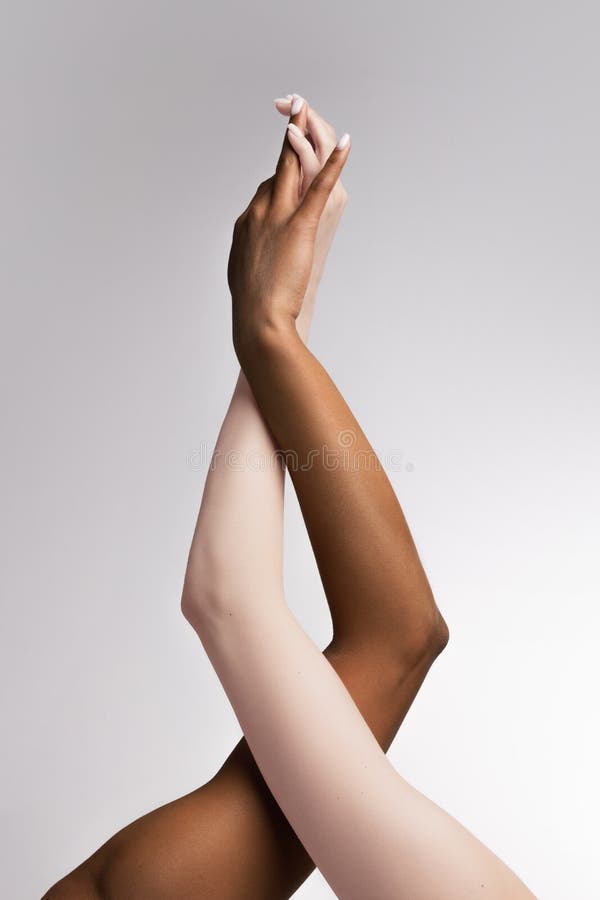 Plexus of female hands. Graceful female hands touch each other isolated on grey studio background. Concept of diversity royalty free stock image