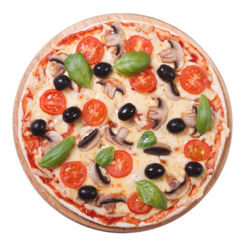 Plocka svamp pizza med den isolerade oliv, tomaten och basilika royaltyfri bild