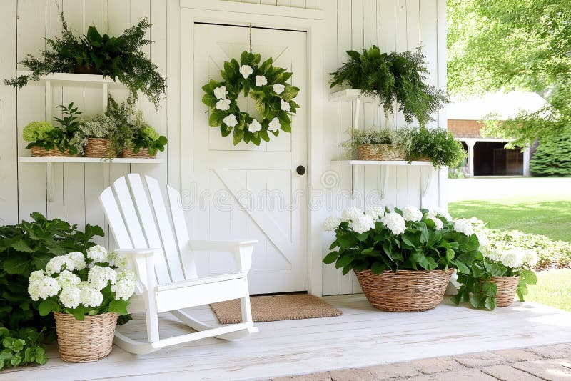 Plockning av vitt porch med blommor och grönt förankrad dörr vektor illustrationer