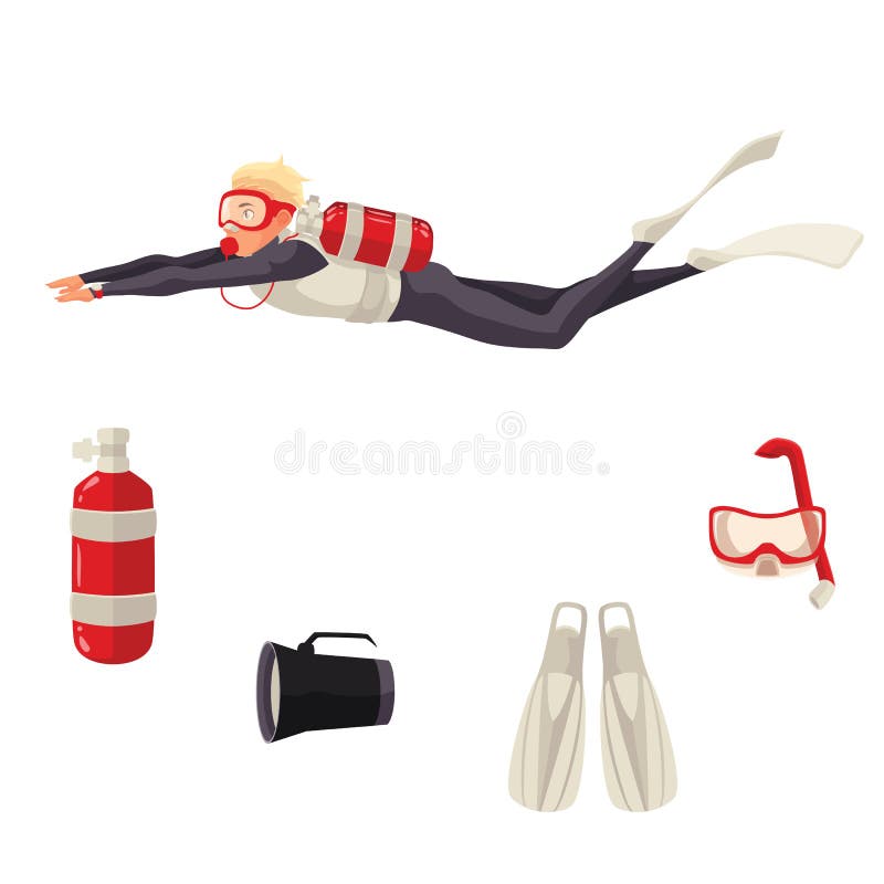 Scuba diving vector equipment, cartoon illustration isolated on white background. Diver and diving necessities goggles, oxygen tank flippers flashlight. Underwater sport scuba snorkeling equipment. Scuba diving vector equipment, cartoon illustration isolated on white background. Diver and diving necessities goggles, oxygen tank flippers flashlight. Underwater sport scuba snorkeling equipment