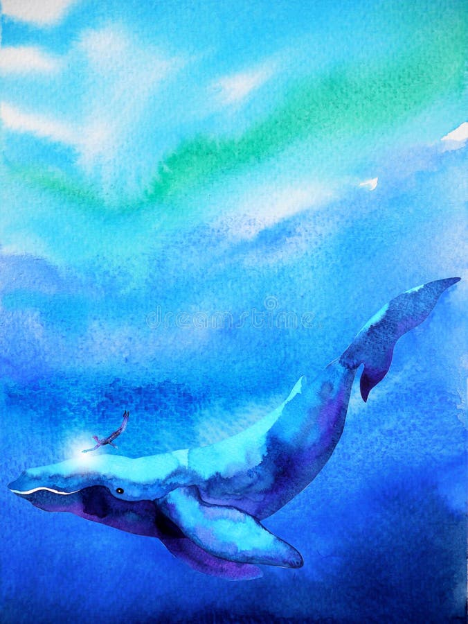 Plongée d'humain et de baleine nageant sous l'eau ensemble l'aquarelle illustration stock Plongée d'humain et de baleine nageant sous l'eau ensemble l'aquarelle illustration stock
