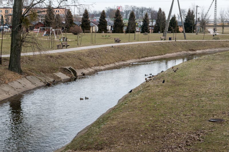 view-of-plonka-river-in-wolnosci-park-in-plonsk-editorial-stock-image