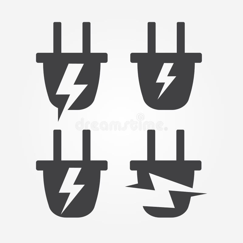 Plug into socket with lightning, energy logo element, abstract stylized silhouette vector icon set. Electrical wiring symbol