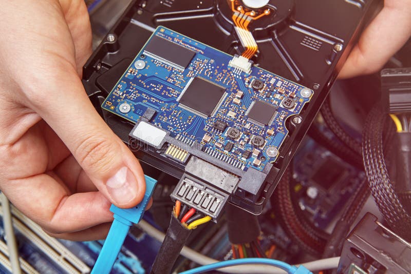 Plugging in SATA Data Cable To HDD Stock Image - Image of disc