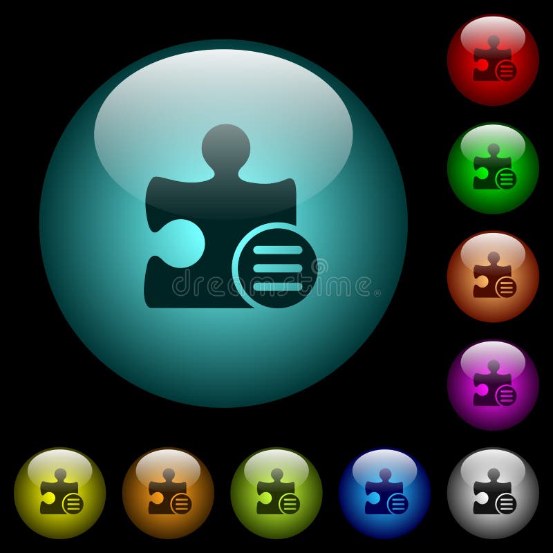 Plugin options icons in color illuminated glass buttons vector illustration