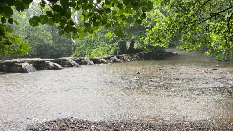 Pluie intense tombant sur une rivière inondée coulant sous un pont de pierre banque de vidéos