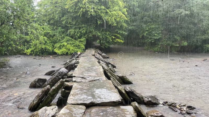 Pluie lourde tombant sur un pont de pierre à devon, royaume-uni banque de vidéos