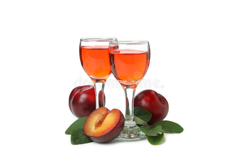 Plum Brandy Shots and Ingredients on White Background Stock Image